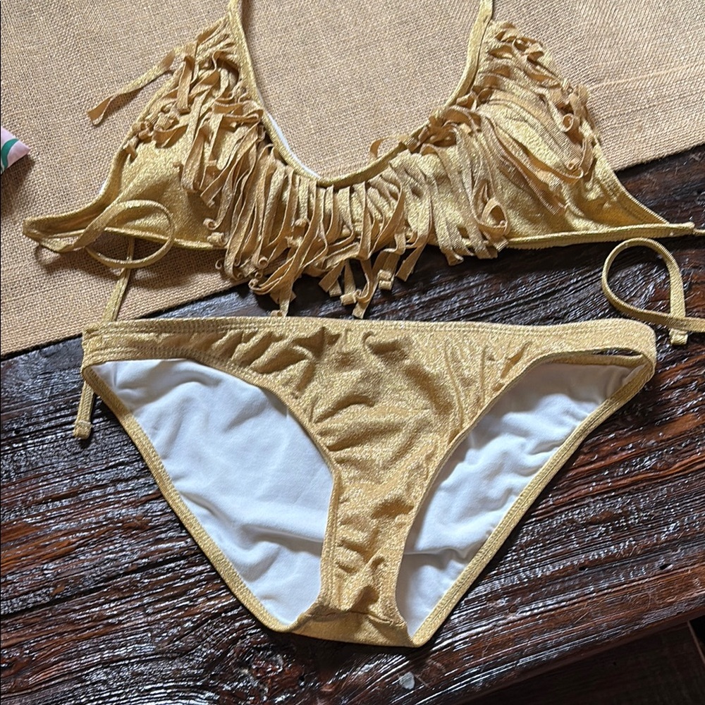 5 for $35- Raisins M Gold Fringe Bikini Set